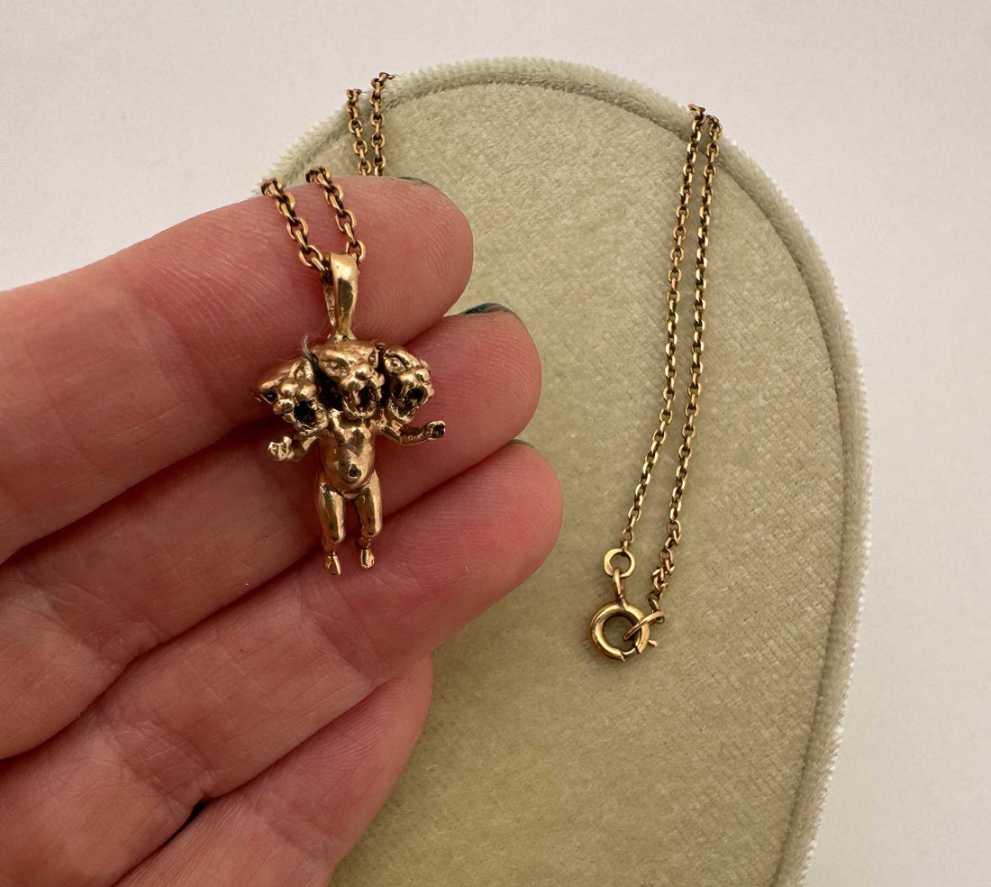 14K yellow gold three-headed panther pendant necklace, high-polish, Anomaly Relic House Relic Collection