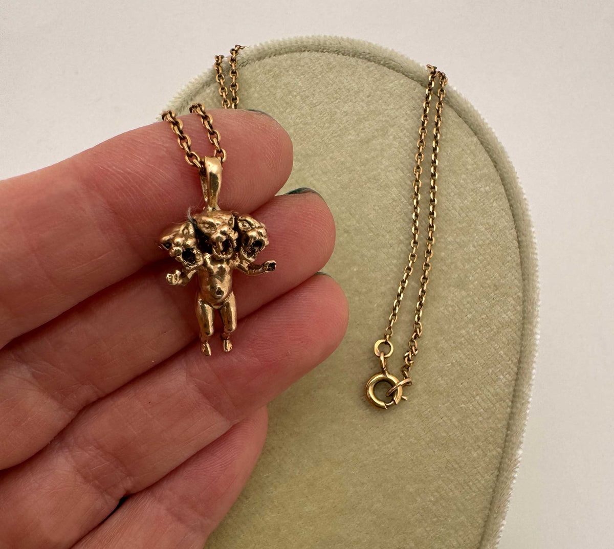 14K yellow gold three-headed panther pendant necklace, high-polish, Anomaly Relic House Relic Collection