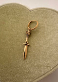 14K yellow gold lamb with sword and bones sculptural charm hanging from gold hoop earring, Anomaly Relic House Relic Collection