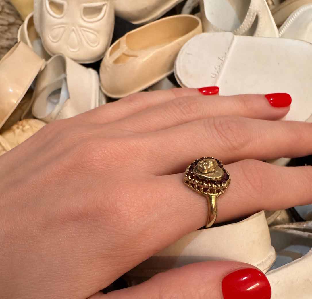 Baby Head Heart Ring with Rose Cut Garnets in 14K Gold